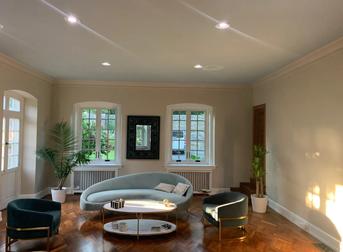 Renovated dining and common area with updated flooring and fresh paint