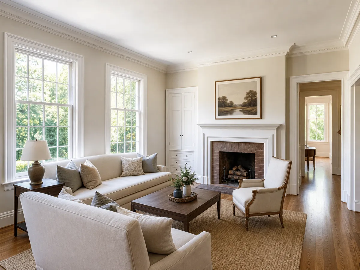 Finished Malvern living room with restored trim and painted walls