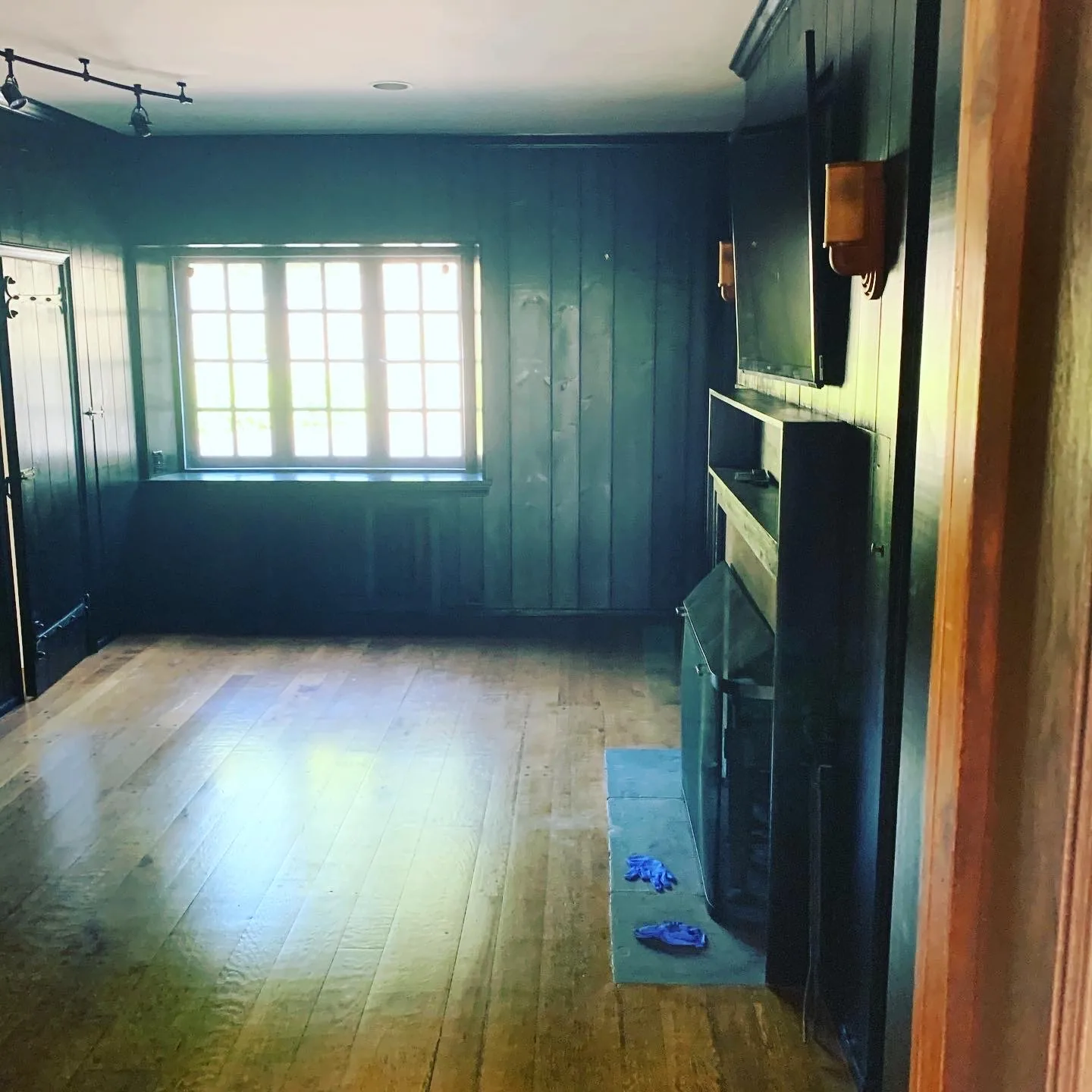 Dark paneled room with refinished walls and trim