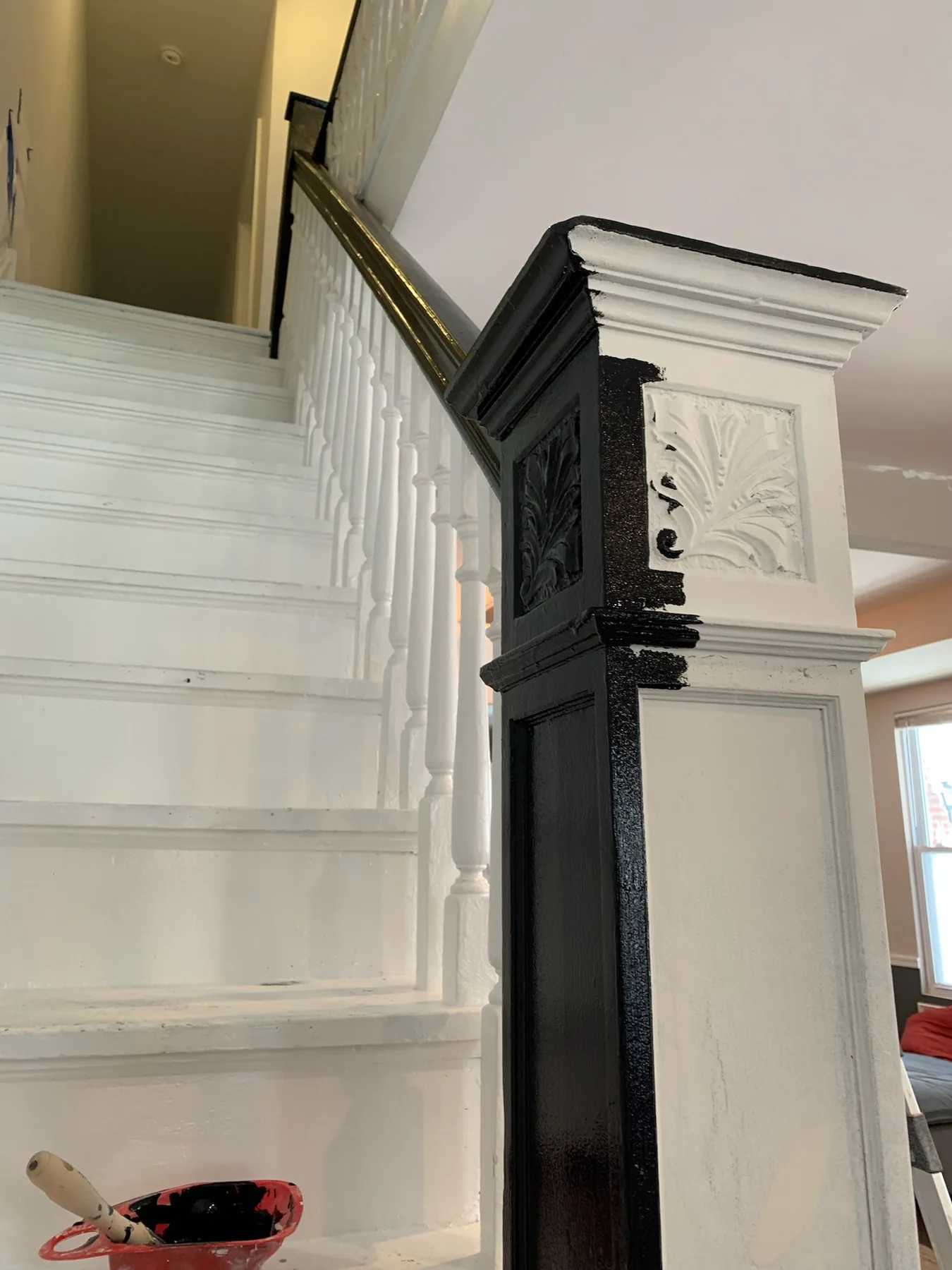Painted staircase landing and rail detail