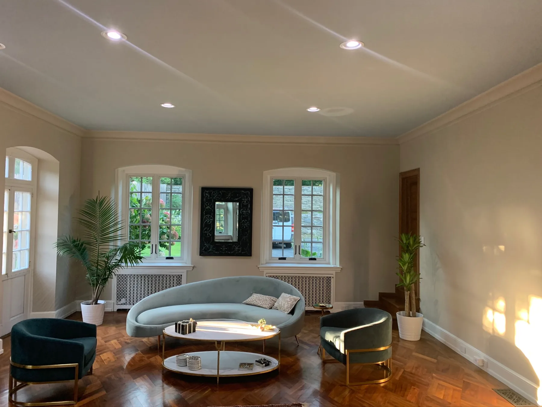 Finished period living room with restored trim